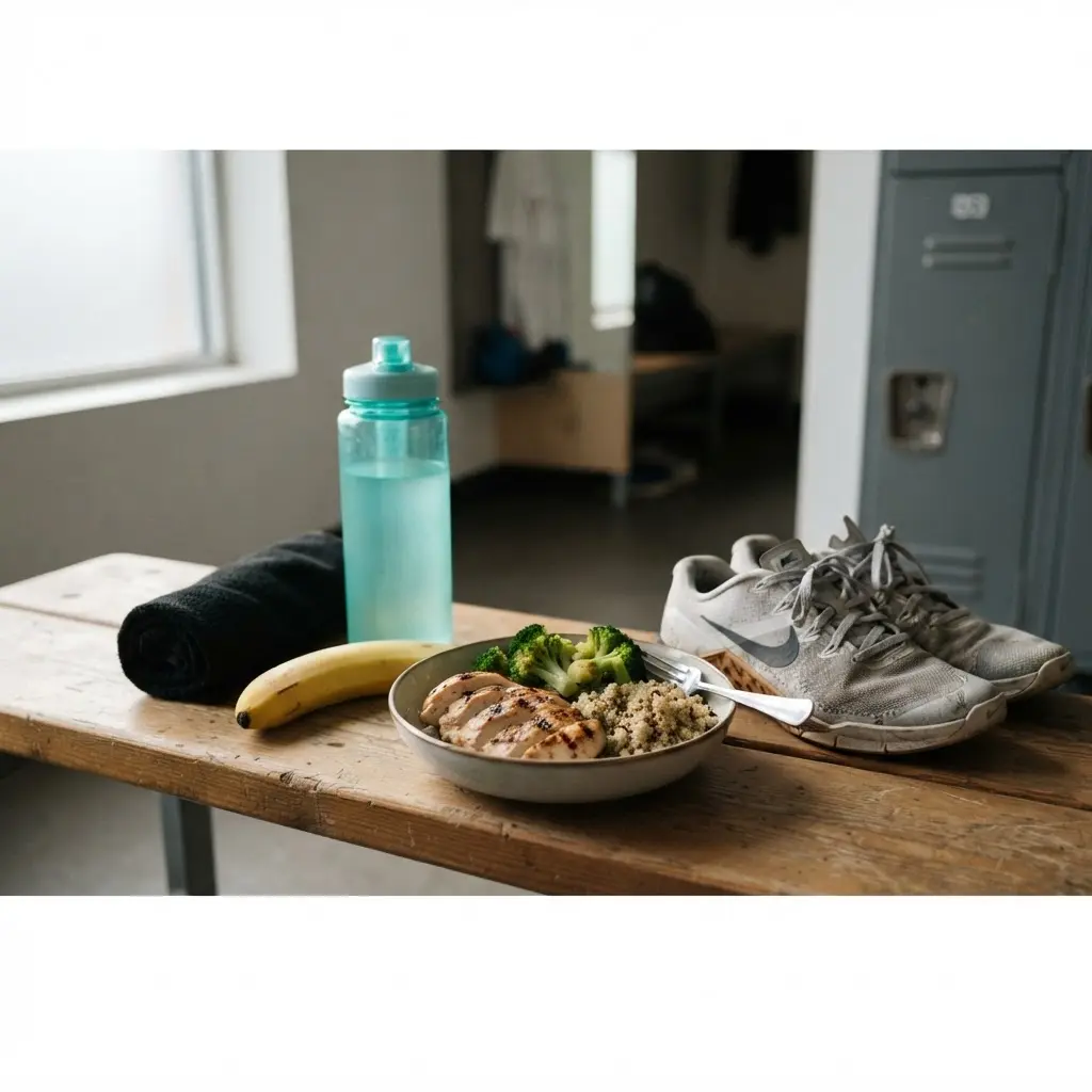 Water bottle, banana, balanced meal, and gym shoes arranged on a bench before a workout session.