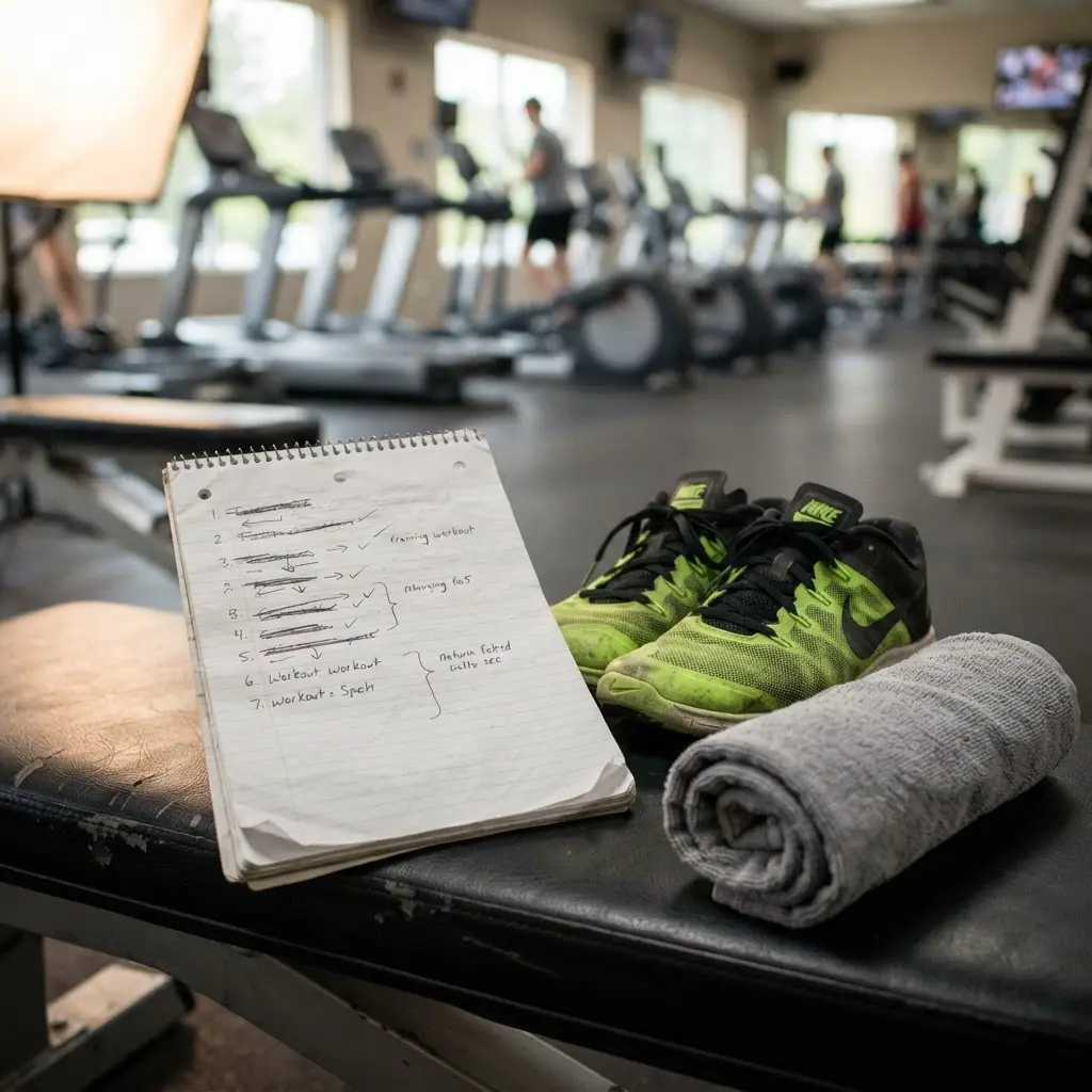 Weekly gym schedule beside training shoes and a towel, showing a consistent routine for avoiding common workout mistakes.