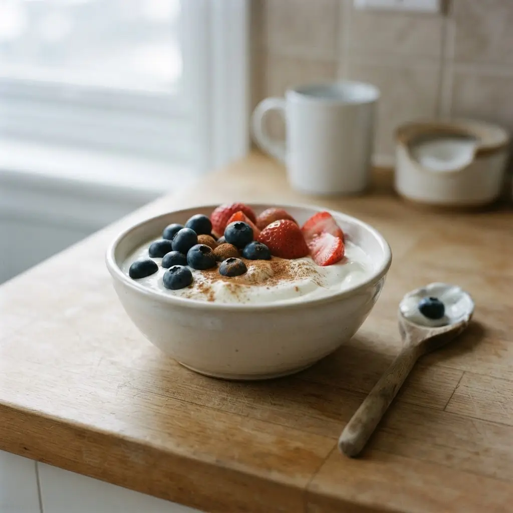 Bowl of plain yogurt topped with berries and cinnamon beside a spoon for healthy eating and weight management.