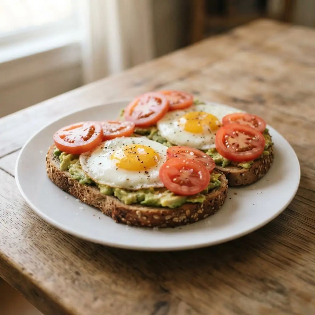 Whole-grain toast with avocado, eggs, and sliced tomatoes arranged on a white plate.