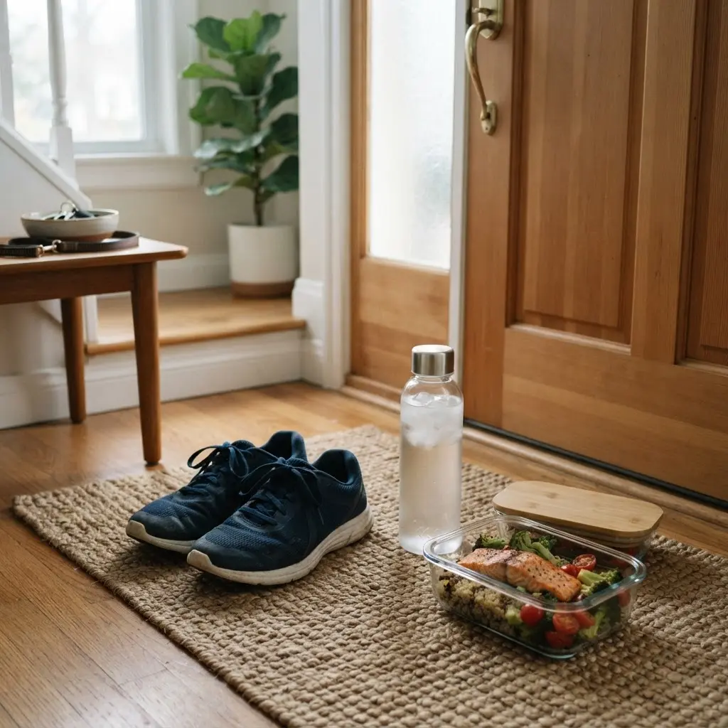 Walking shoes, water bottle, and packed lunch arranged near a doorway for daily movement.