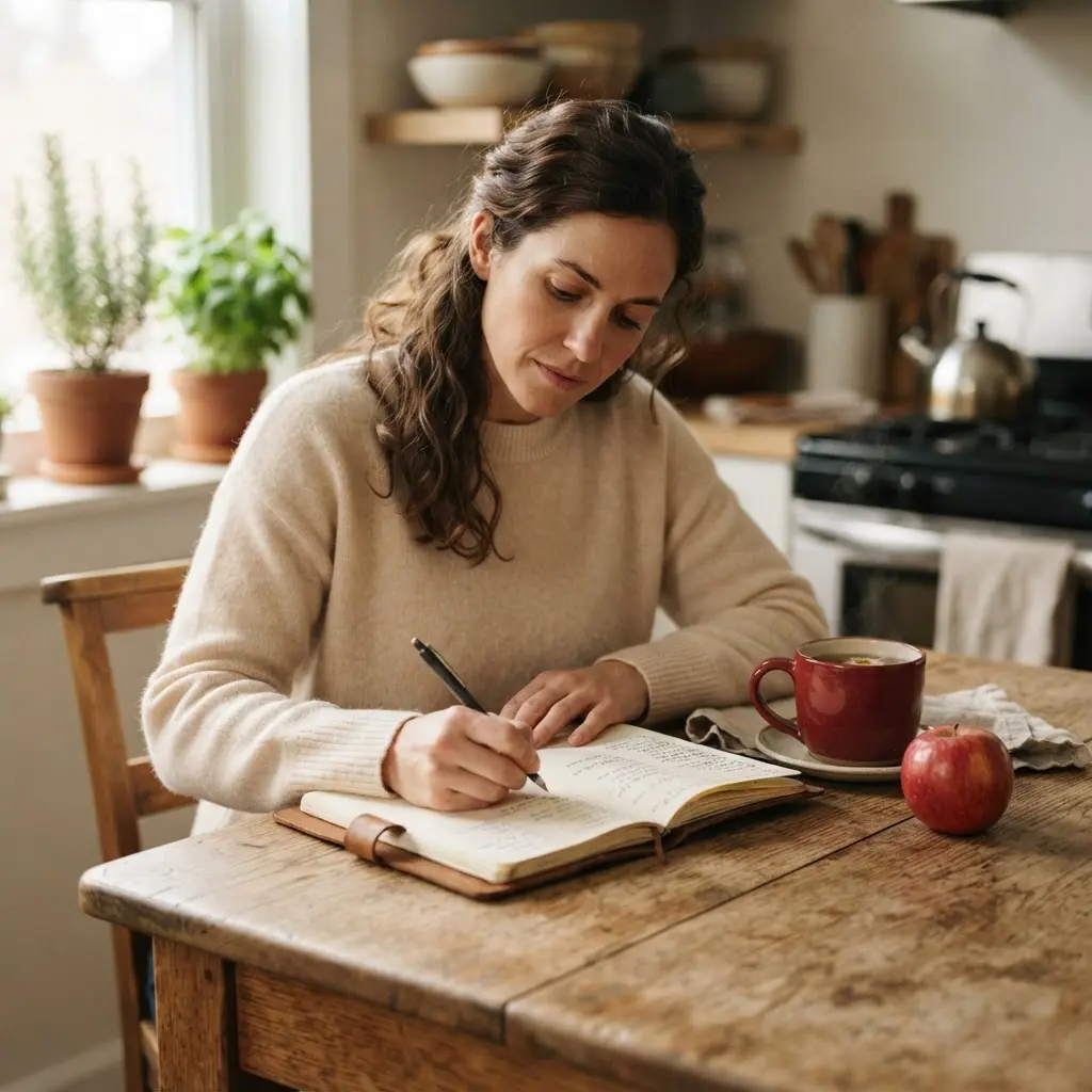 Herbal tea, apple, and open journal on a quiet kitchen table for healthy eating and weight management.