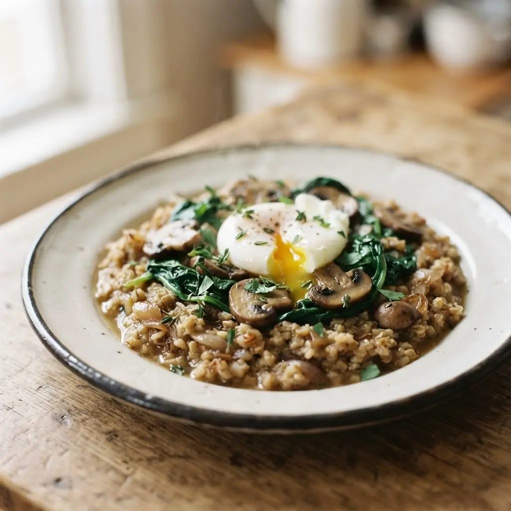 A bowl of savory steel-cut oats with mushrooms, spinach, herbs, and egg for uncommon healthy breakfast ideas.