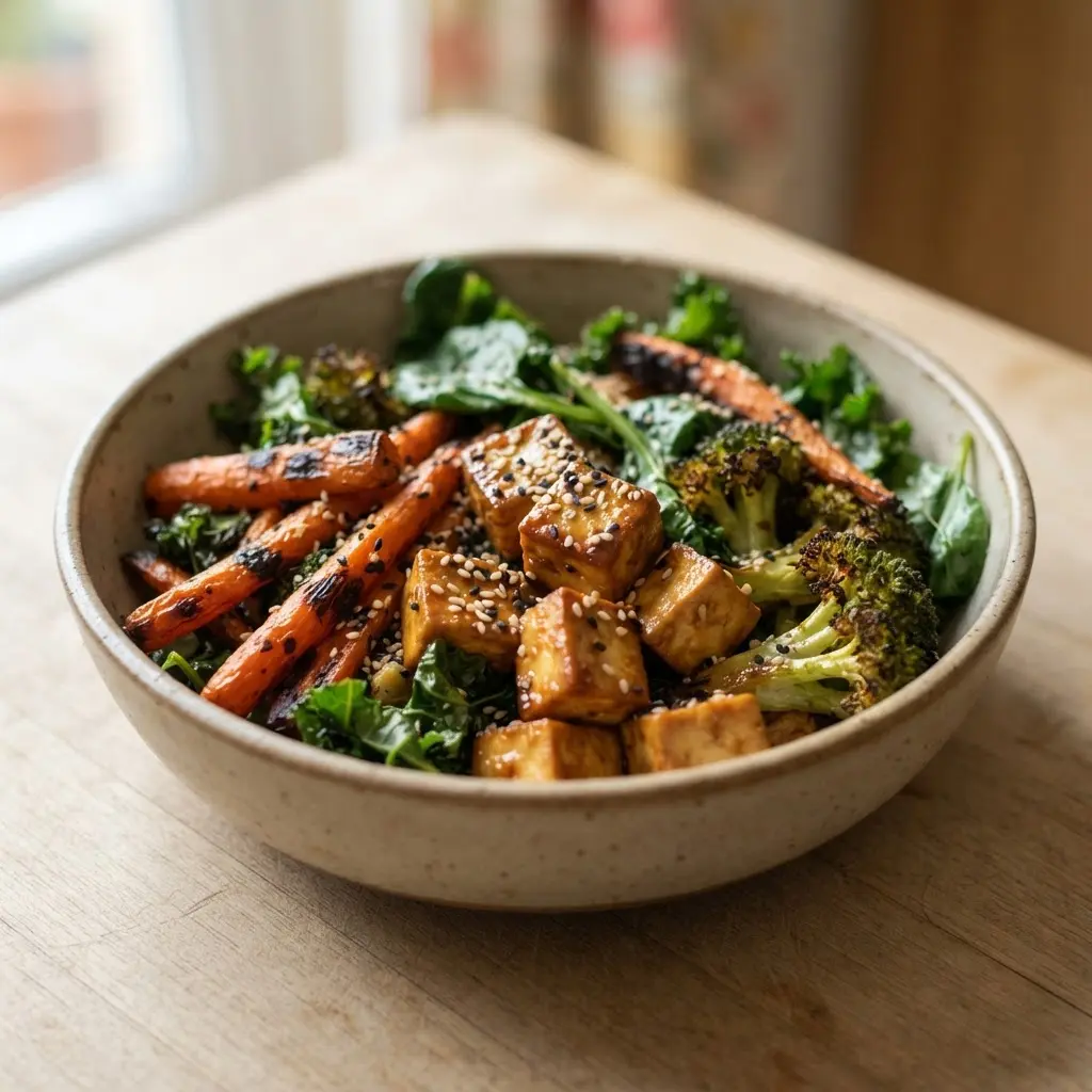 A bowl contains miso glazed tofu, roasted carrots, broccoli, leafy greens, and sesame seeds.