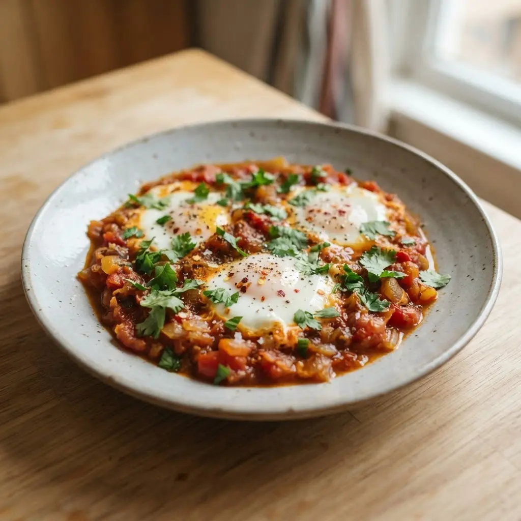 Poached eggs sit in a red spiced tomato sauce with parsley in a shallow ceramic pan.
