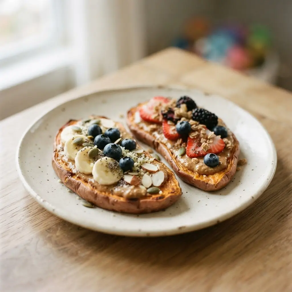 Sweet potato slices topped with almond butter, seeds, and fruit as uncommon healthy breakfast ideas.