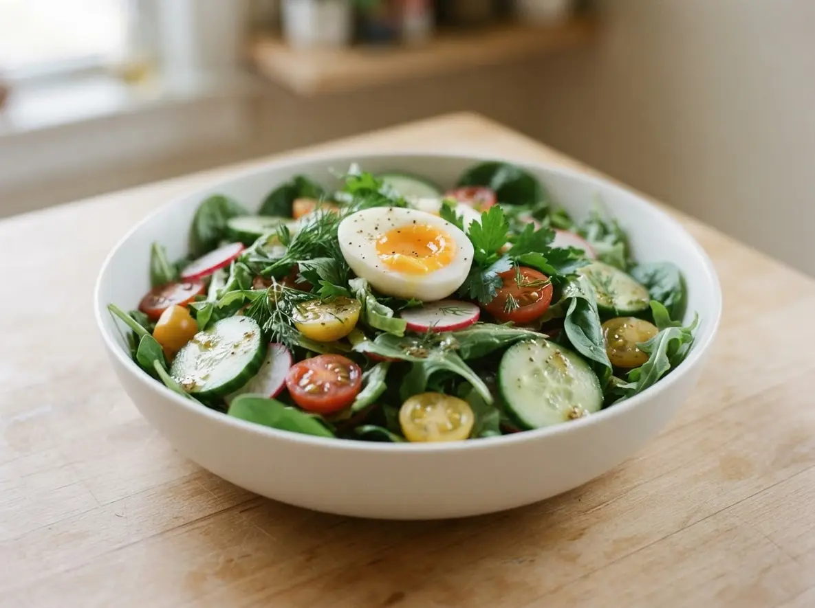 A breakfast salad shows leafy greens, cucumber, tomatoes, herbs, and a soft egg on a white plate.