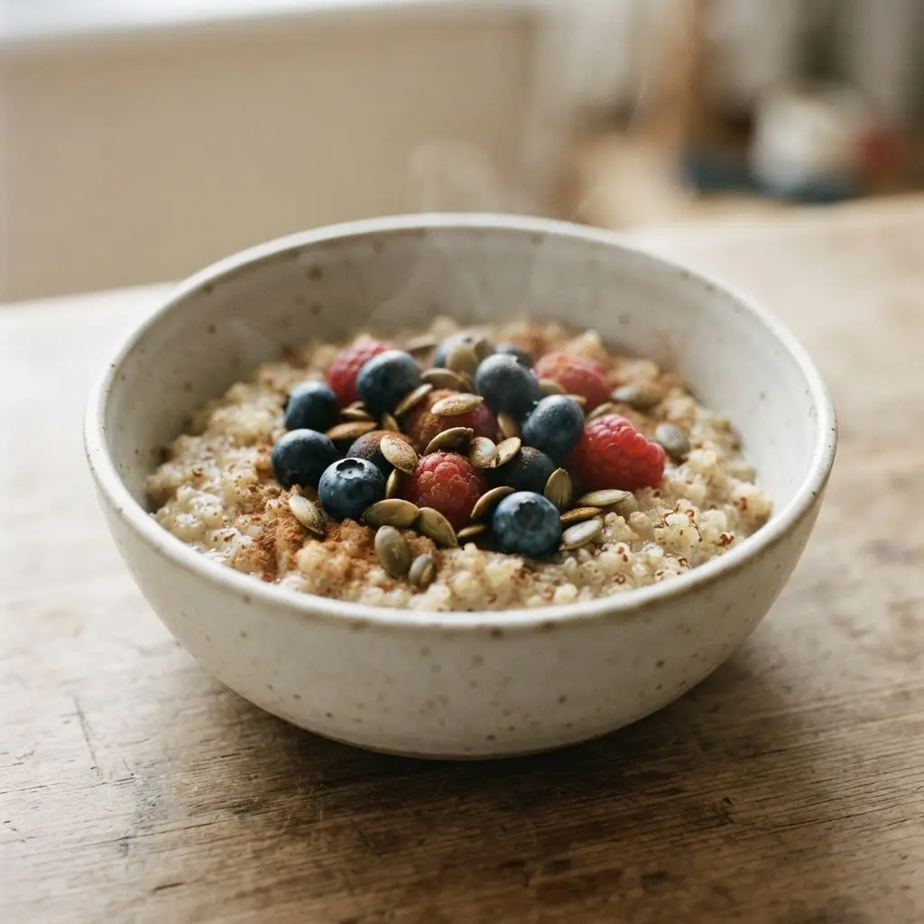 Warm quinoa porridge with berries and pumpkin seeds in a bowl for uncommon healthy breakfast ideas.