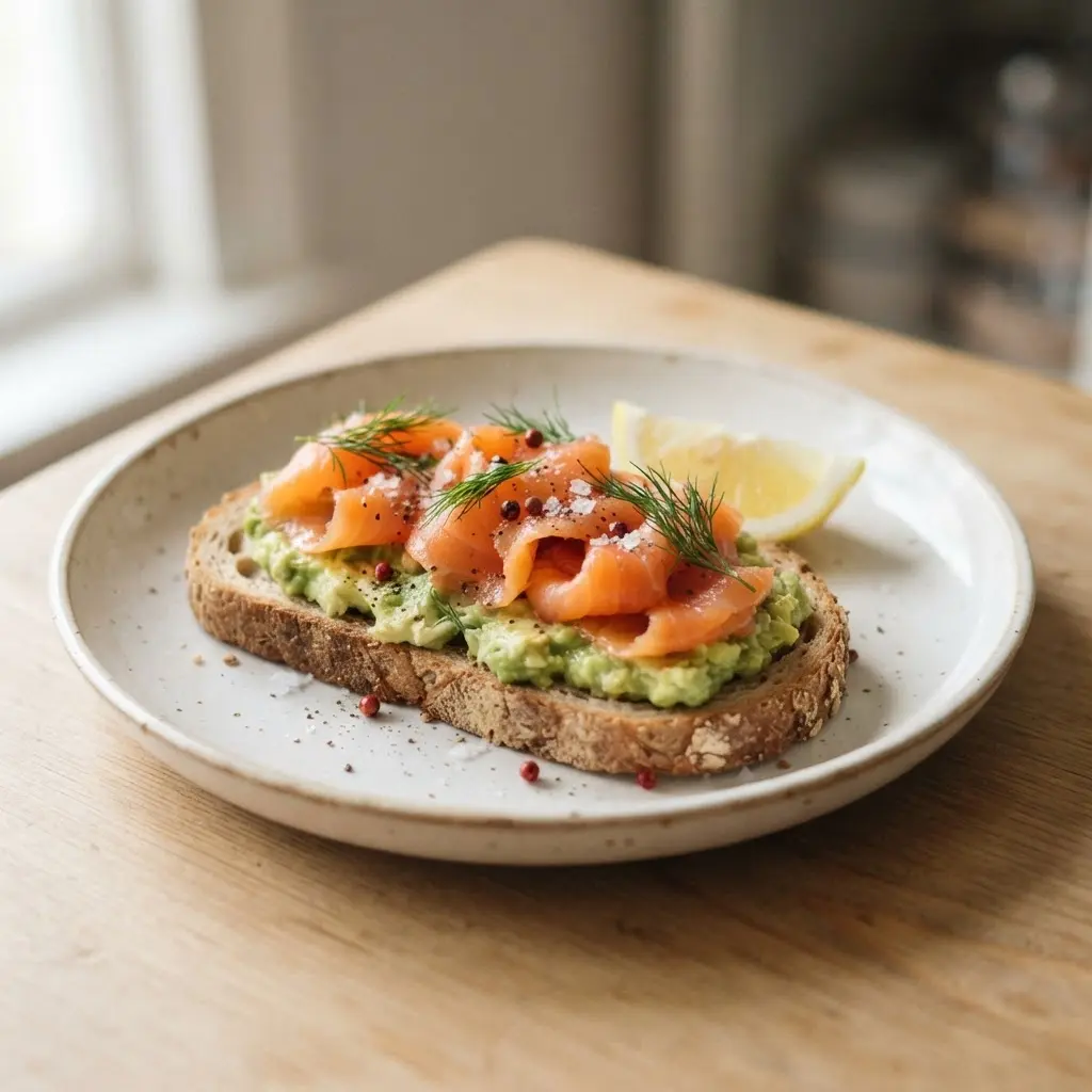 Two slices of whole-grain toast hold avocado, smoked salmon, dill, and lemon wedges.