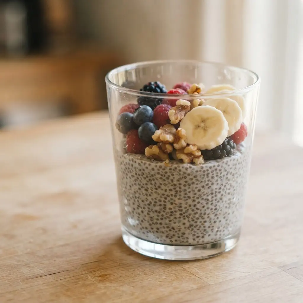 A glass bowl of chia seed pudding with walnuts, berries, and banana for uncommon healthy breakfast ideas.