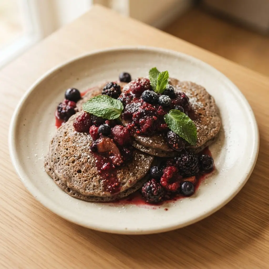 A stack of buckwheat pancakes sits beside warm berry compote and fresh mint on a ceramic plate.