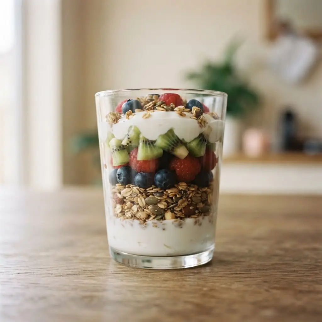 A clear glass holds Greek yogurt, seeded granola, berries, and kiwi in distinct layers.