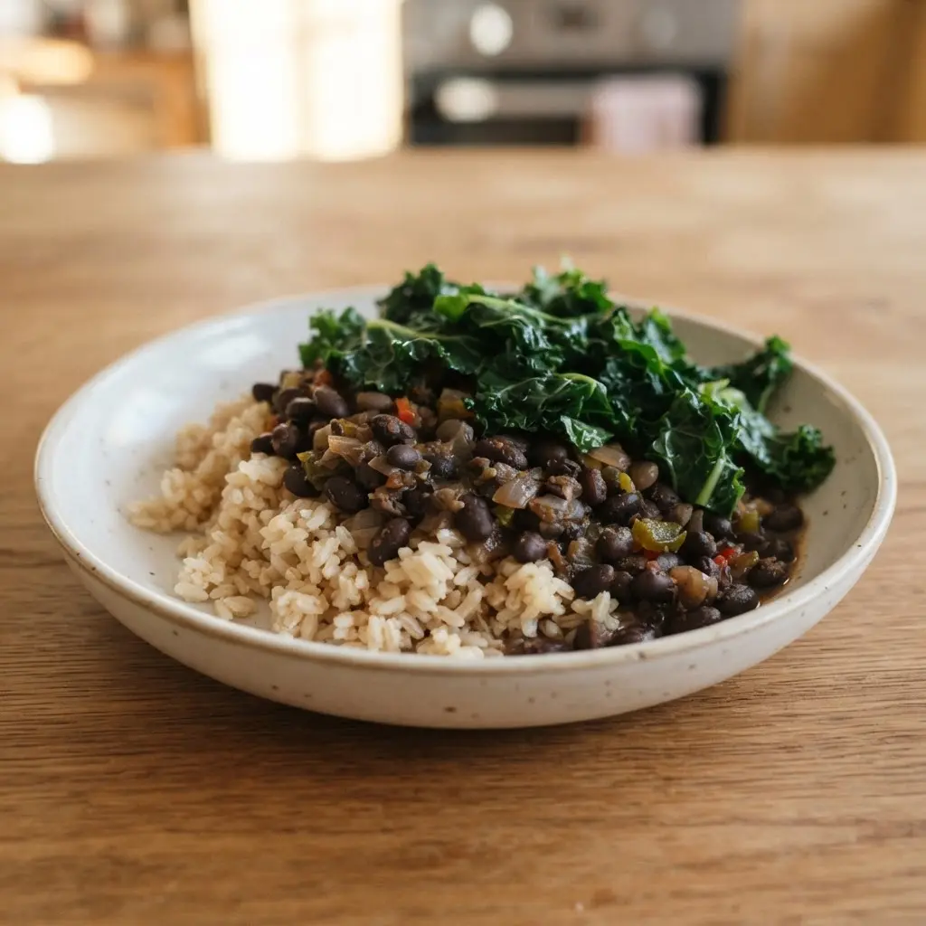 Packaged plant-based foods sit beside a bowl of beans and a jar of whole grains.