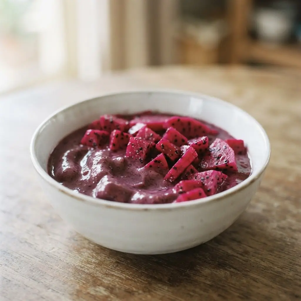 Purple acai berries on a white plate beside a bowl, showing one of the over praised foods.