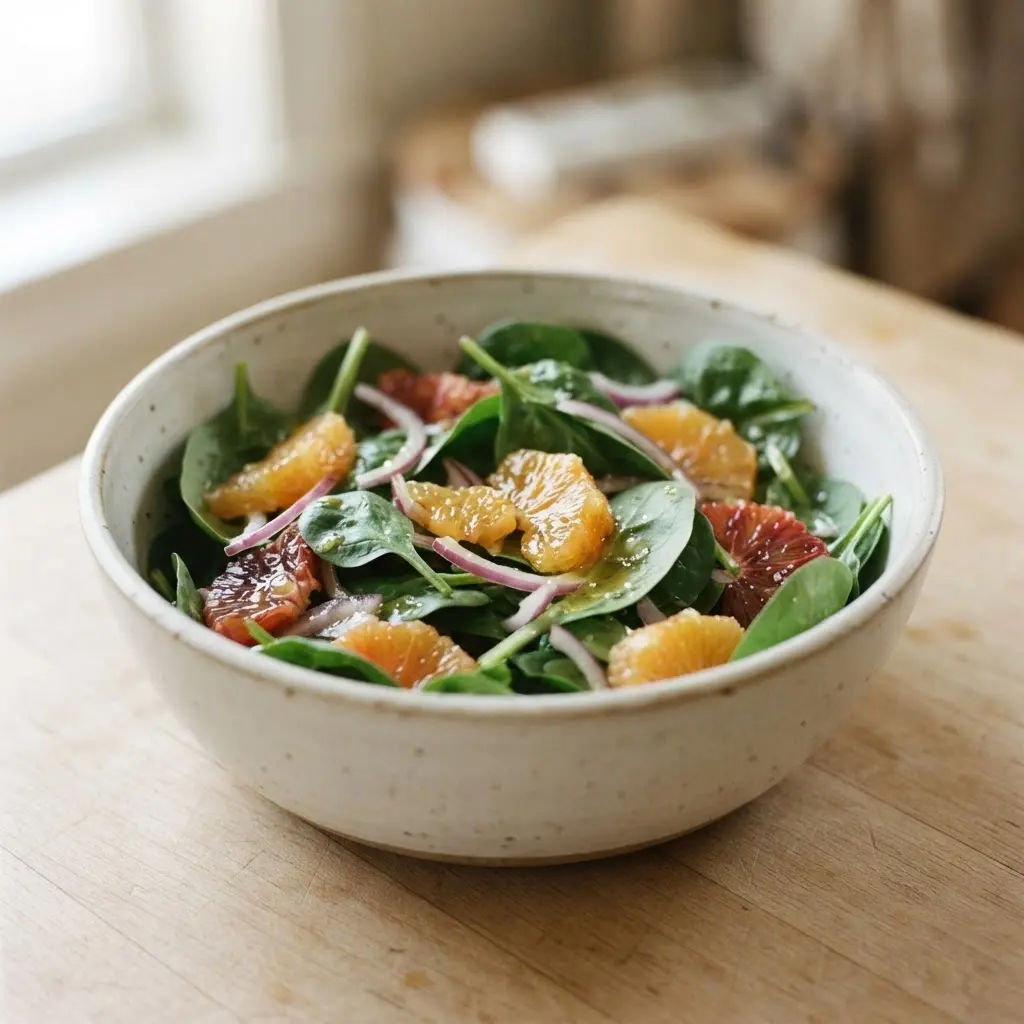Fresh spinach leaves in a bowl beside orange slices, part of the over praised foods discussion.