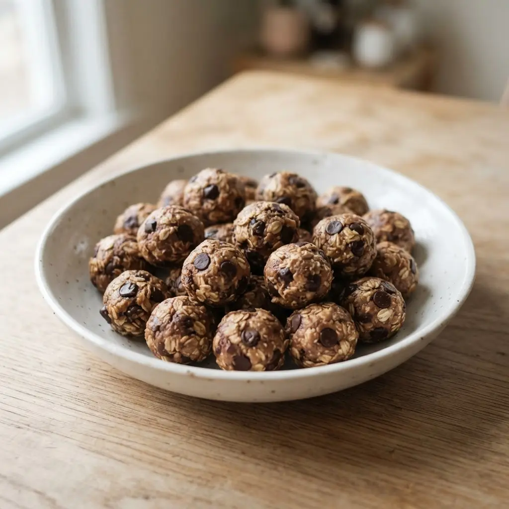 Chocolate peanut butter protein balls with oats and dark chips on parchment, representing protein ball recipes you should try.