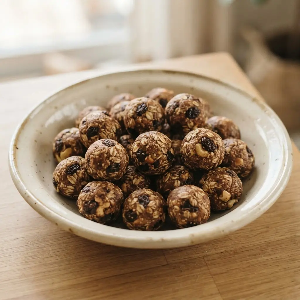 Spiced cinnamon raisin cashew energy bites with oats, raisins, and cashews arranged on parchment for easy snack prep.