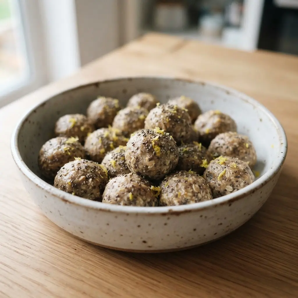 Lemon chia seed protein balls with zest and chia seeds arranged on a pale plate, a fresh protein snack idea.