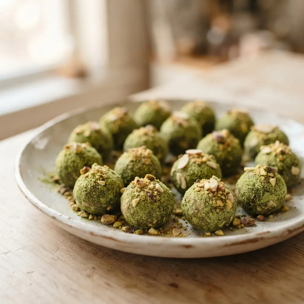 Matcha pistachio protein balls with green tea powder and crushed pistachios arranged in a neat row.