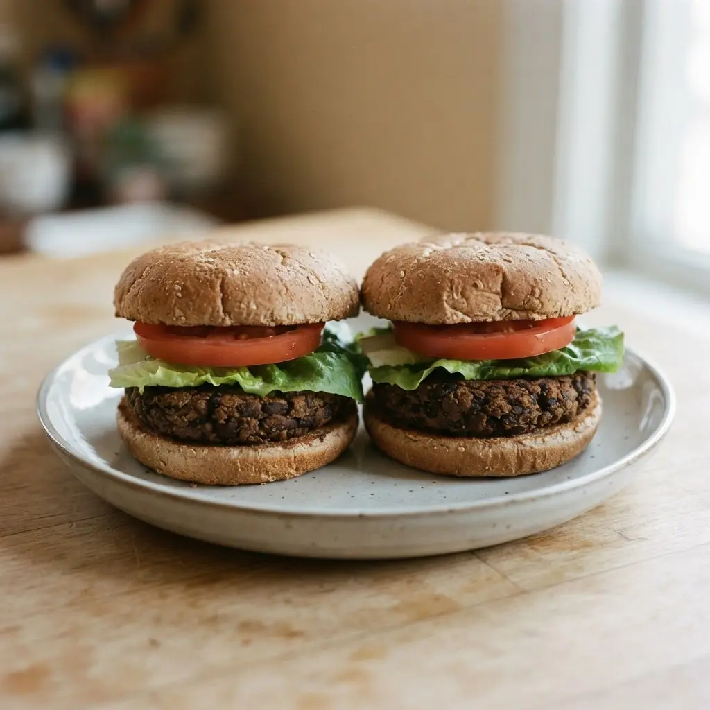Golden brown black bean burger patties on a plate with lettuce, tomato, and whole wheat buns.