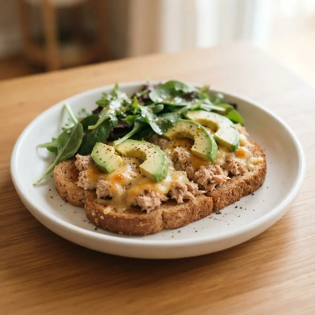 Melted avocado tuna whole wheat melt with golden bread and leafy greens on a white plate.