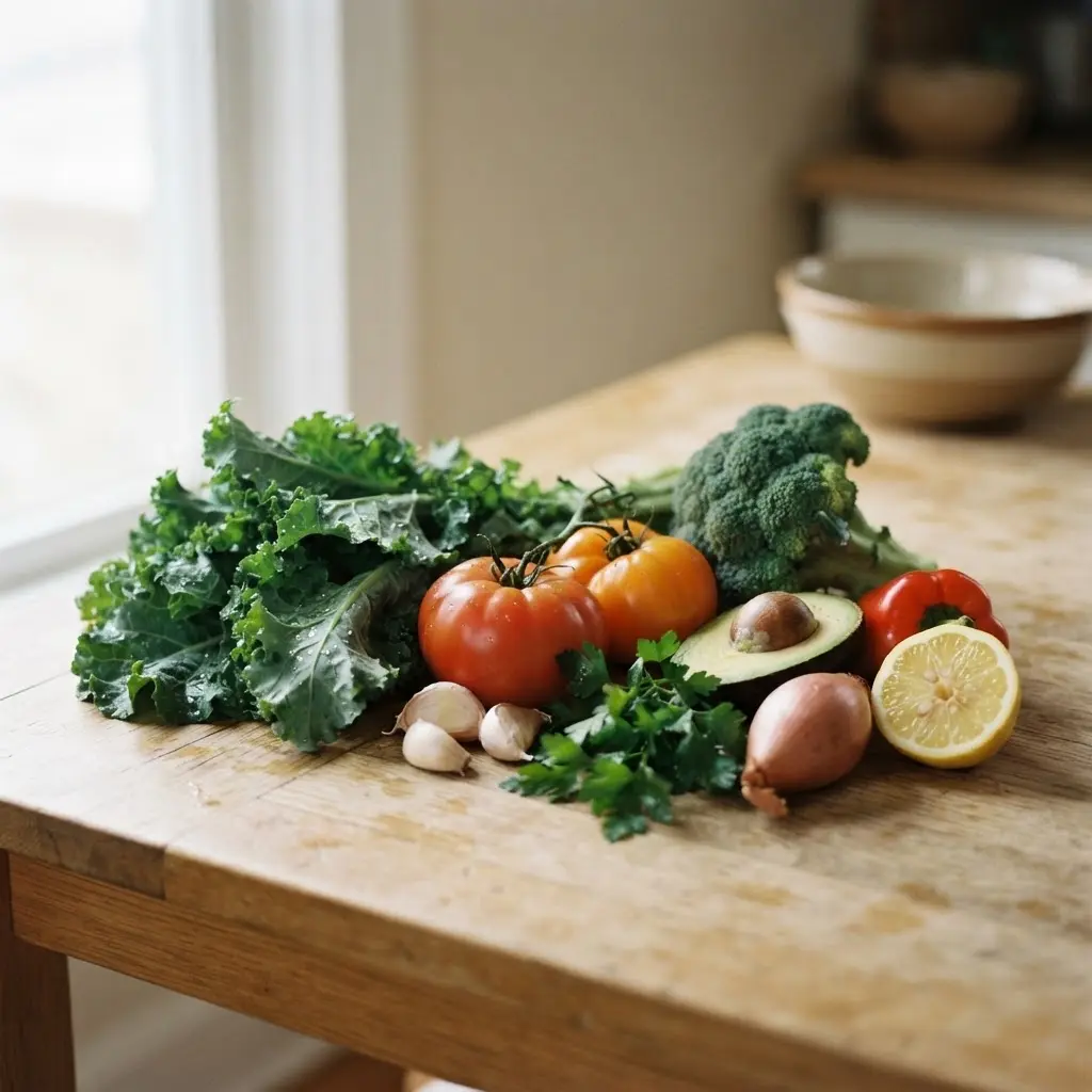 Fresh uncooked real life healthy cooking tips on a plain wooden table.