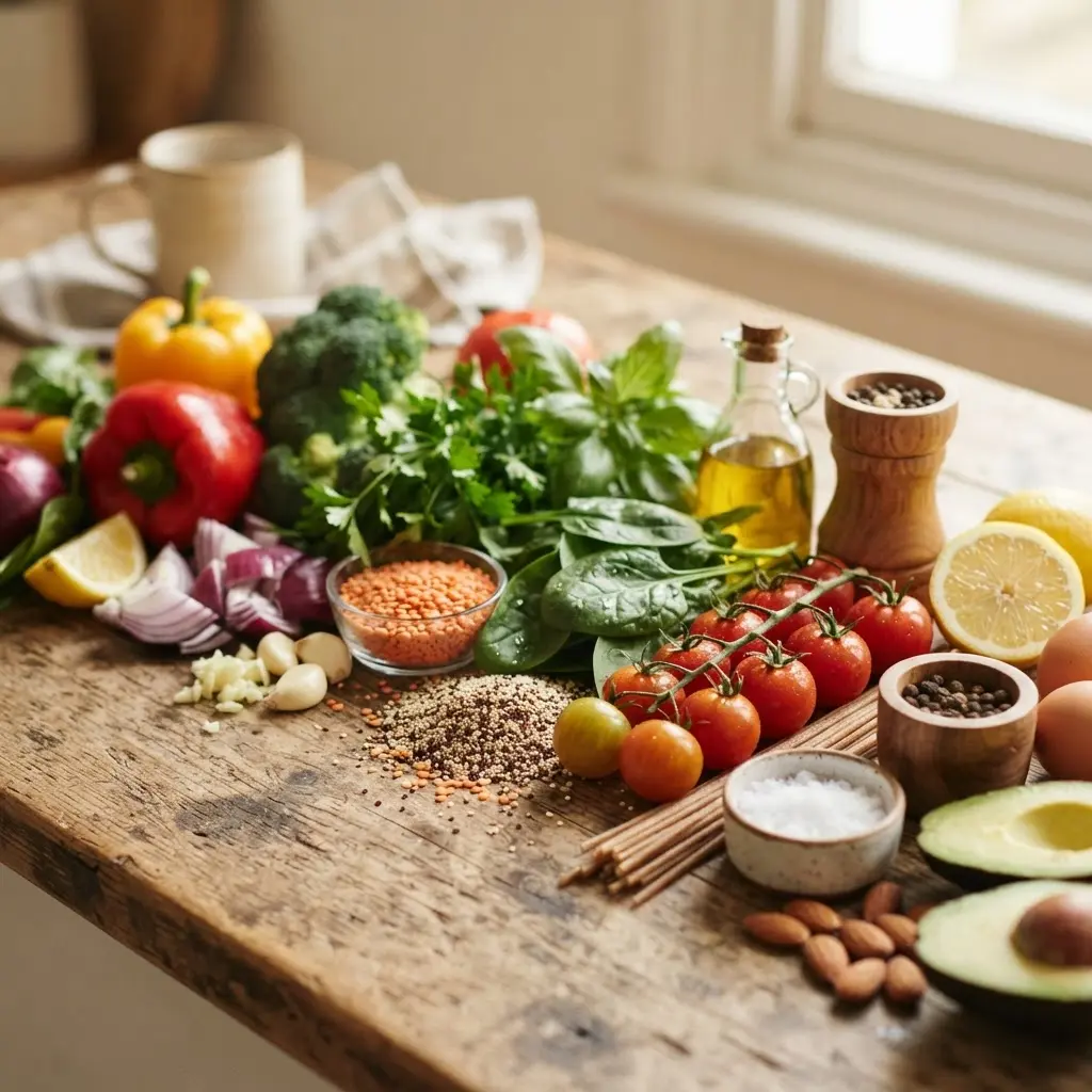 Fresh uncooked real life healthy cooking tips shown in close-up to highlight natural texture.