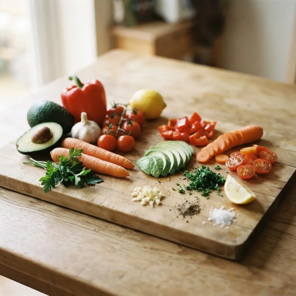 Fresh real life healthy cooking tips, some whole and some sliced, ready for a healthy meal.