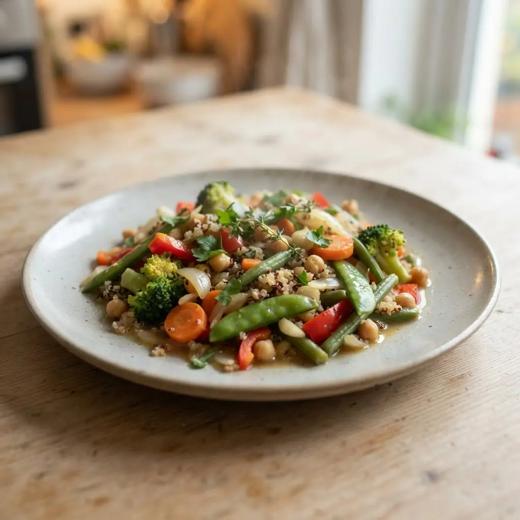 A simple home-cooked dish with real life healthy cooking tips as the main ingredient served on a ceramic plate.