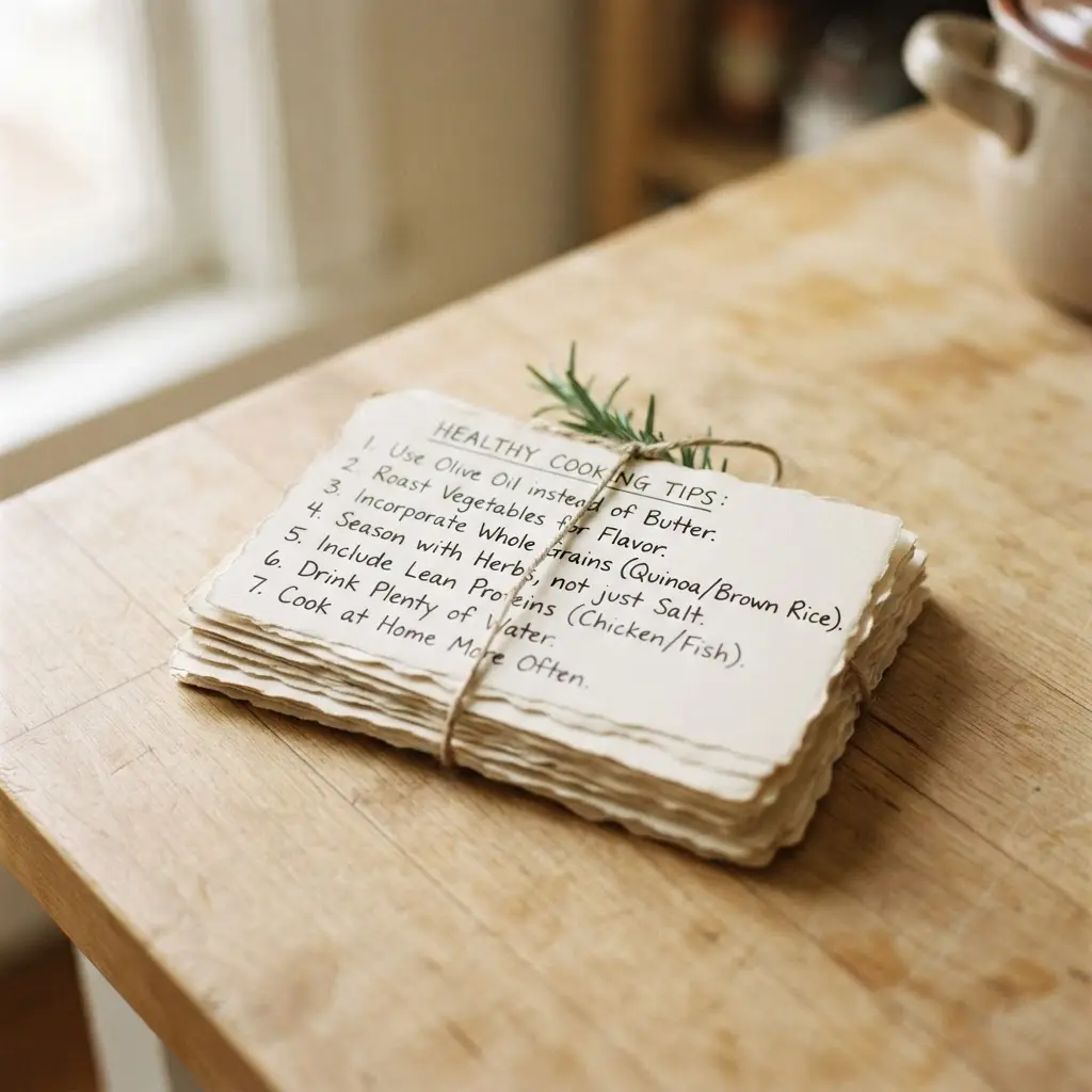 Fresh uncooked real life healthy cooking tips on a plain wooden table.