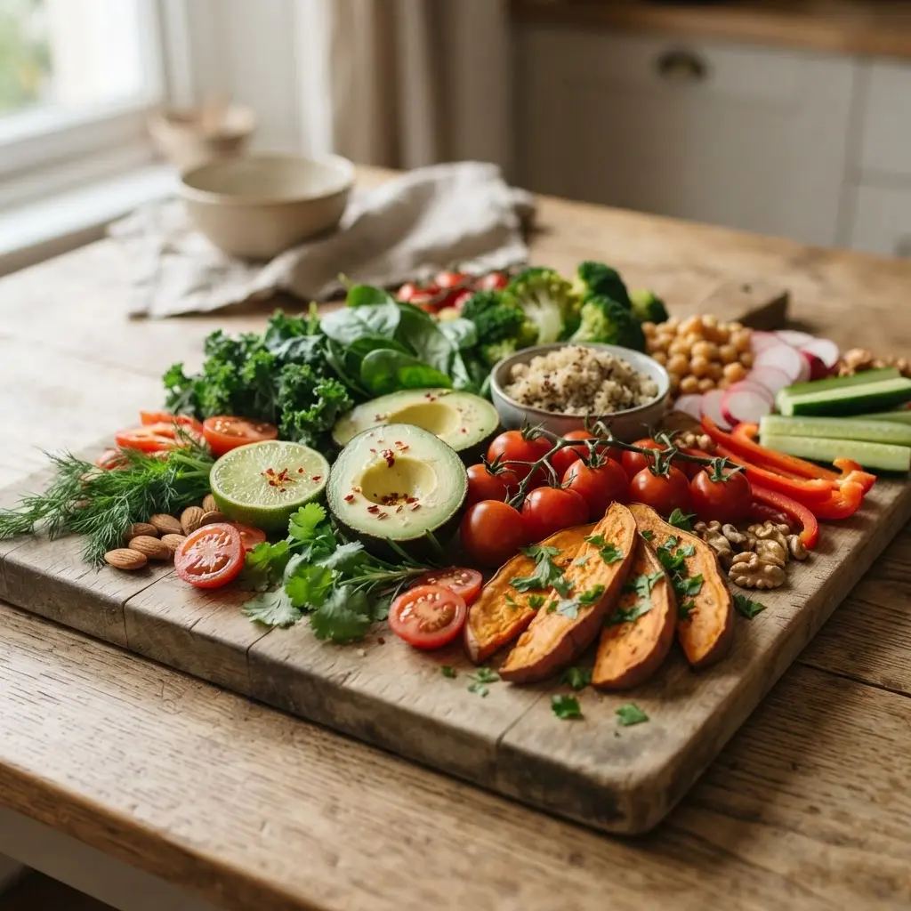 Fresh real life healthy cooking tips, some whole and some sliced, ready for a healthy meal.