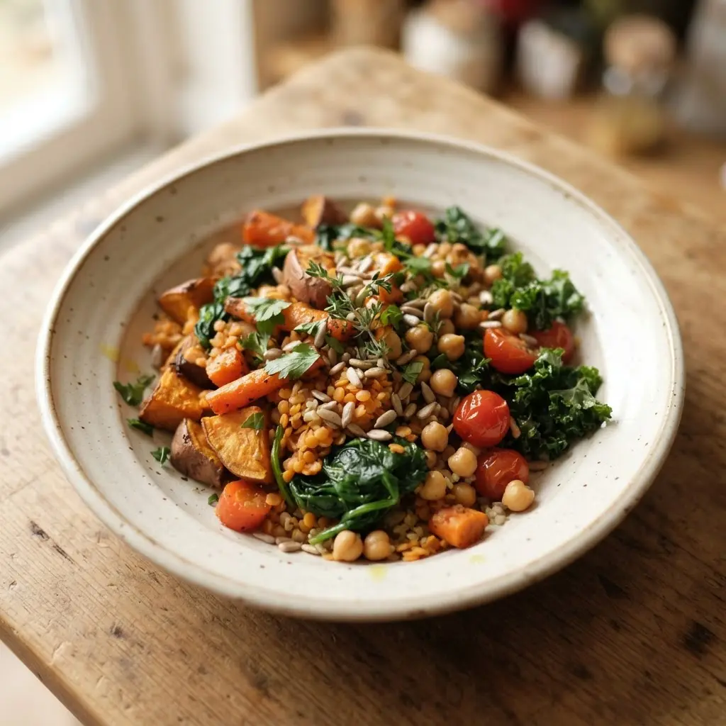 A simple home-cooked dish with real life healthy cooking tips as the main ingredient served on a ceramic plate.