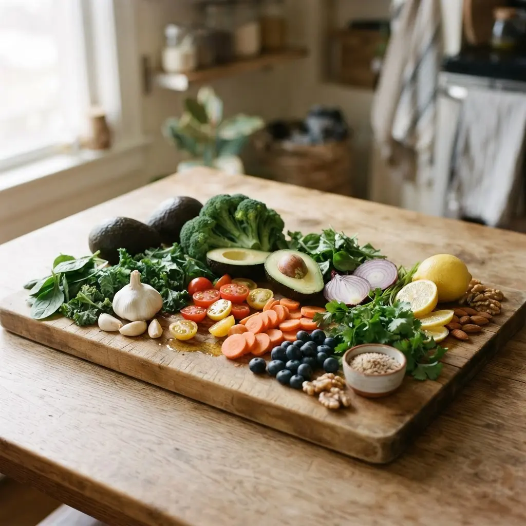 Fresh real life healthy cooking tips, some whole and some sliced, ready for a healthy meal.