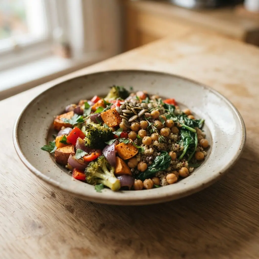 A simple home-cooked dish with real life healthy cooking tips as the main ingredient served on a ceramic plate.