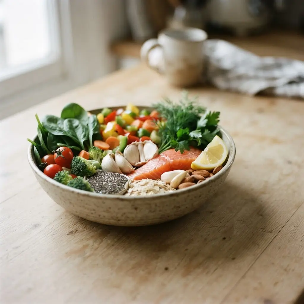 Fresh uncooked real life healthy cooking tips on a plain wooden table.