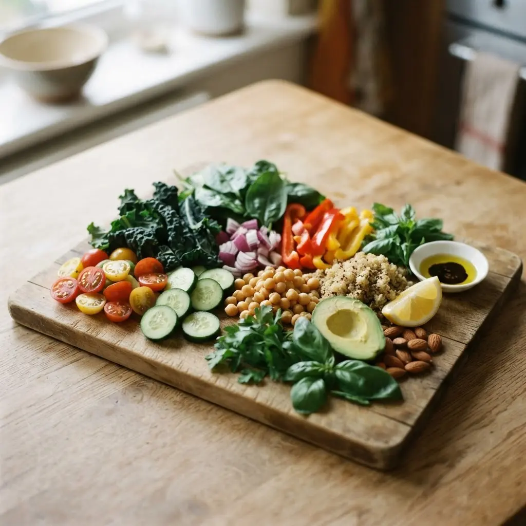 Fresh real life healthy cooking tips, some whole and some sliced, ready for a healthy meal.