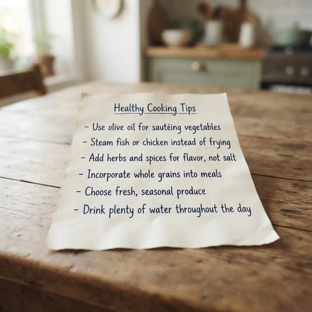 Fresh uncooked real life healthy cooking tips on a plain wooden table.