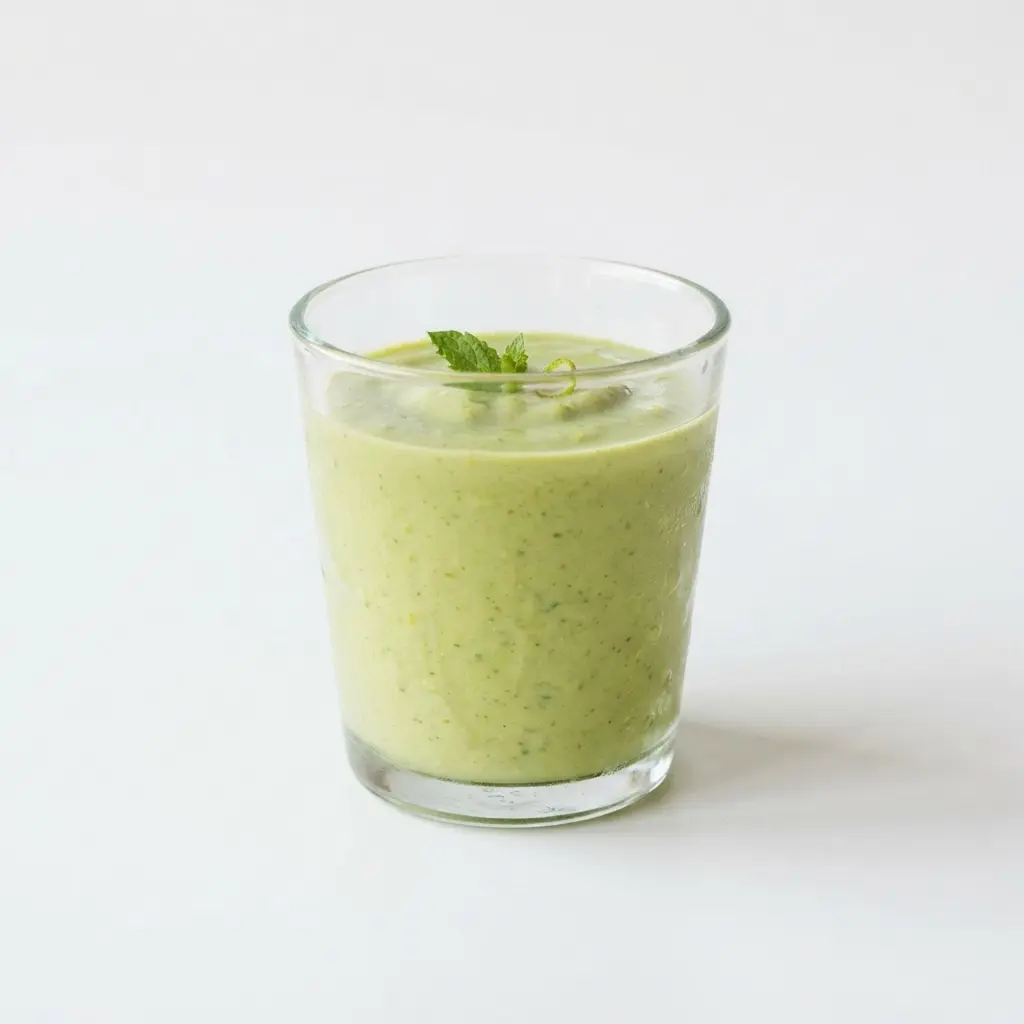 Avocado smoothie in a clear drinking glass on a clean white background.