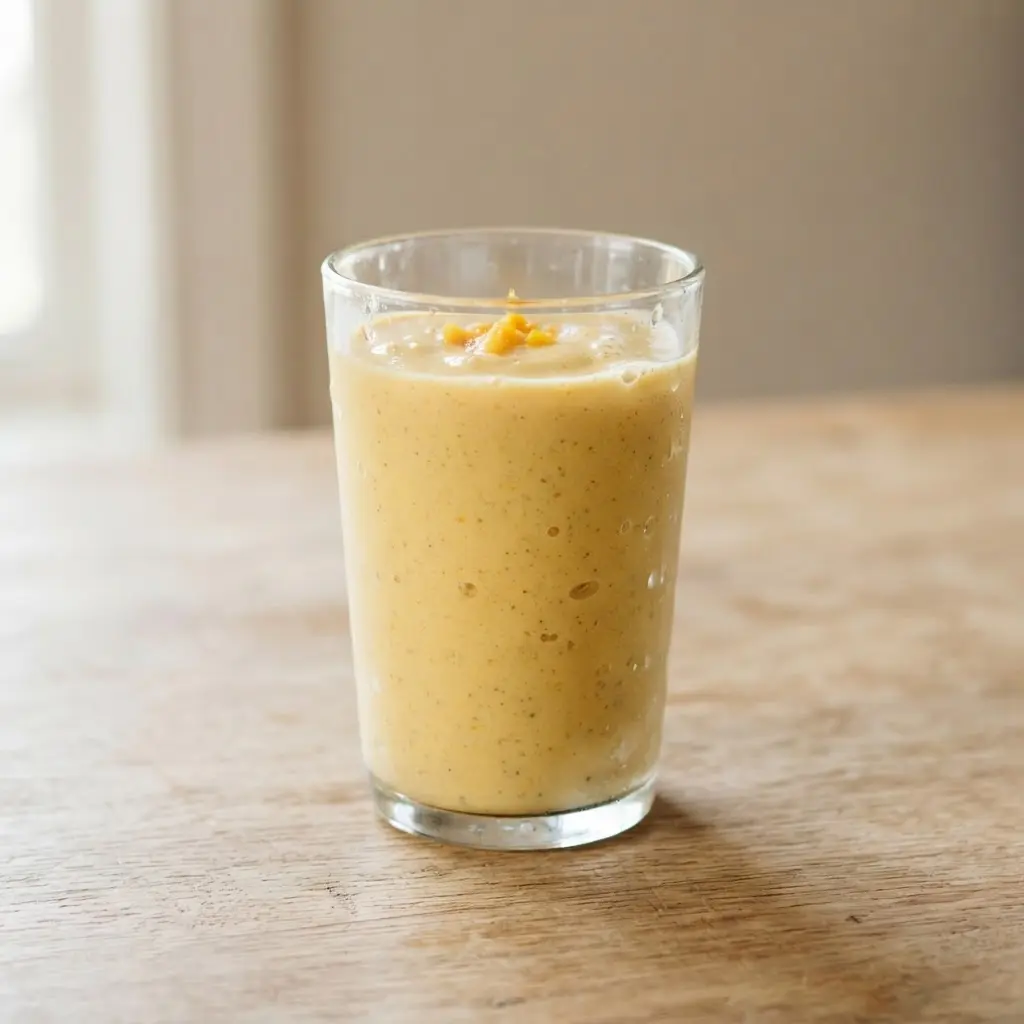 Mango avocado smoothie in a clear drinking glass on a plain wooden surface.