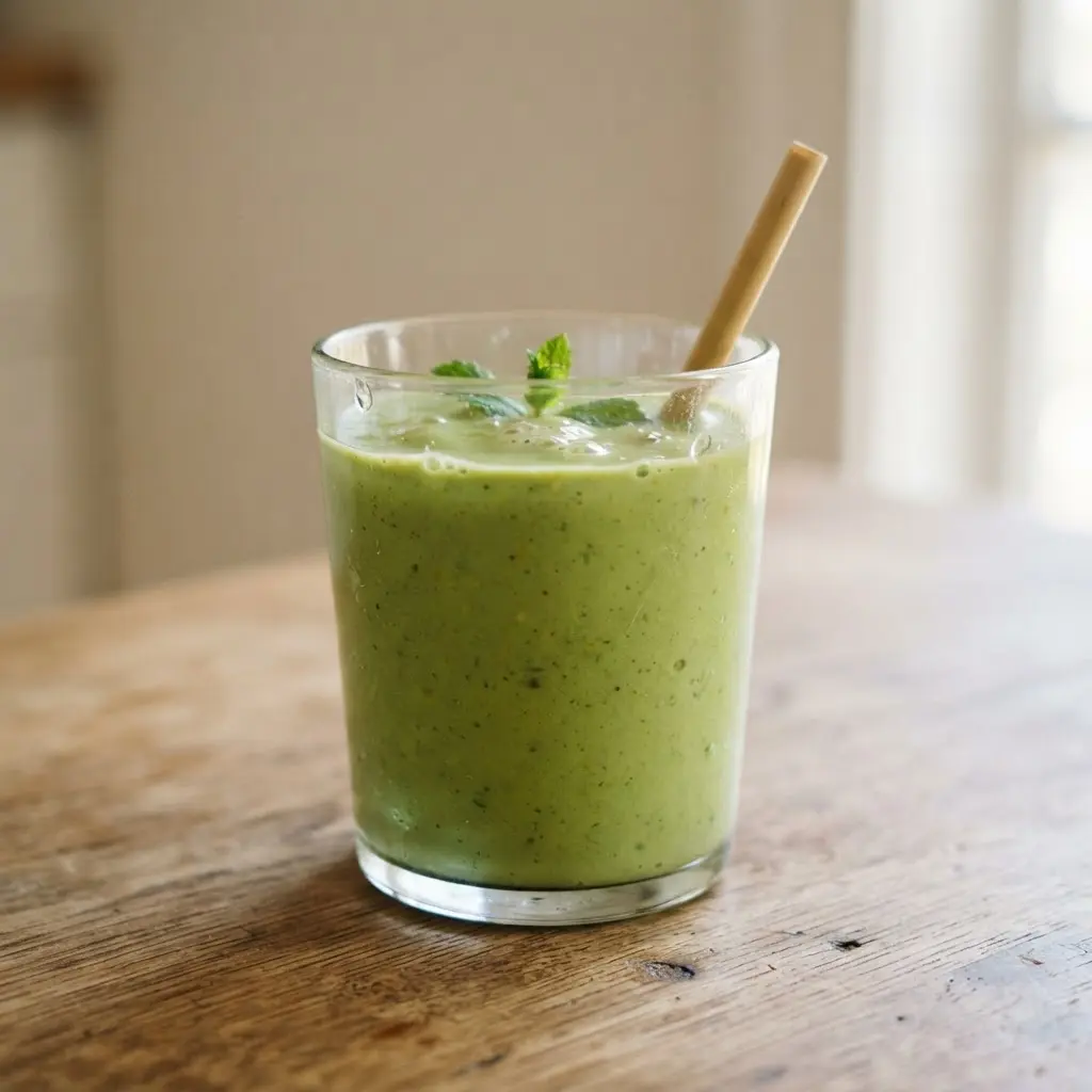 Green avocado smoothie in a clear drinking glass in close-up.