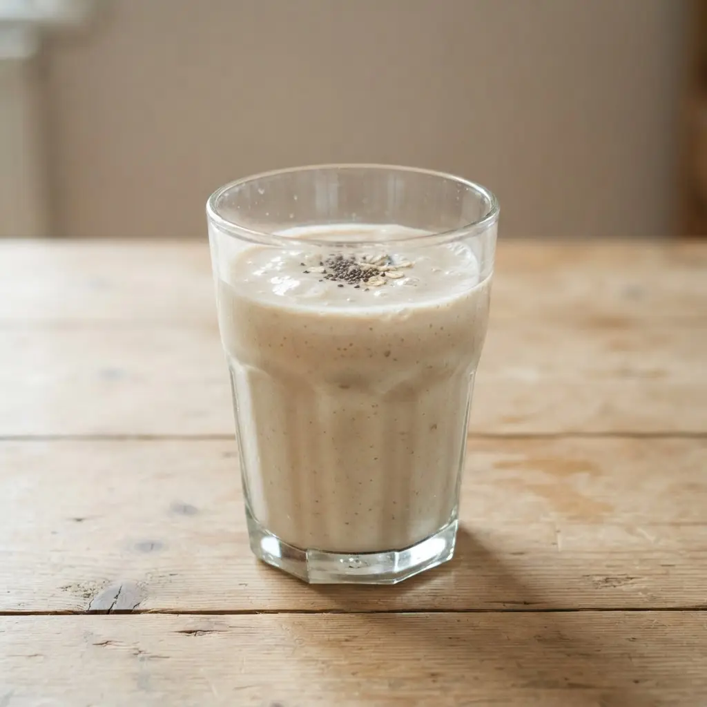 Protein smoothie in a clear drinking glass on a plain wooden surface.