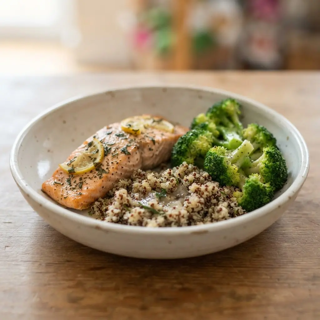 Person lifting light weights beside vegetables, grains, and lean protein for diet and workout balance.