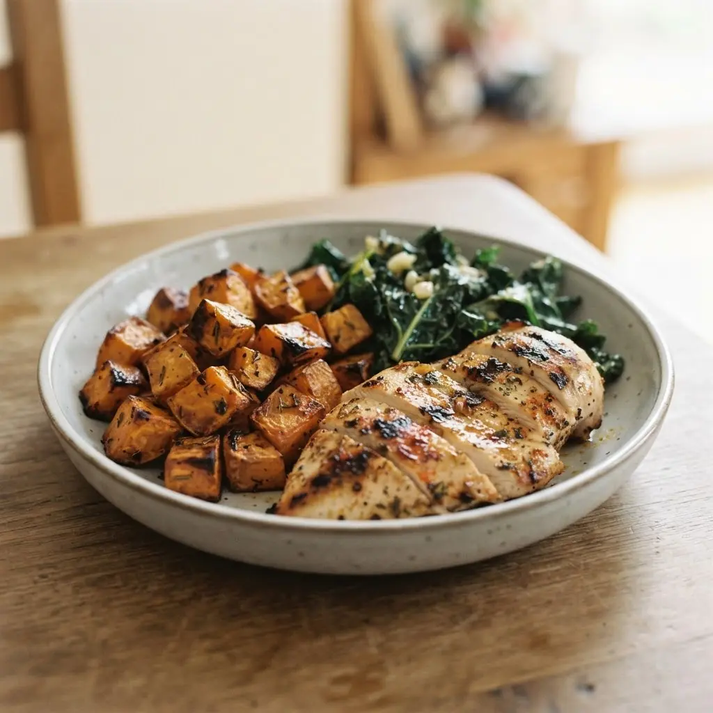 Pair of dumbbells beside eggs, beans, and leafy greens on a bright kitchen table.