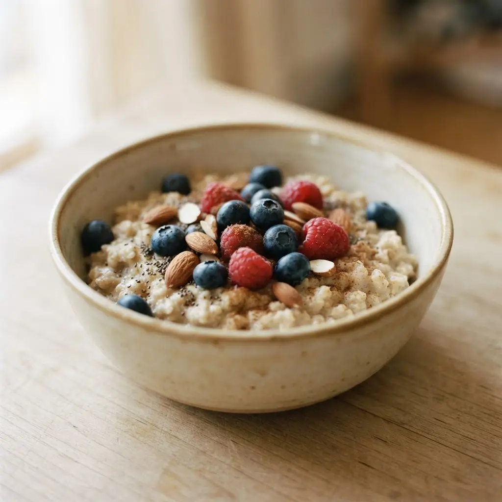 Smiling person stretching beside a bowl of fruit, yogurt, oats, and nuts in a sunny room.