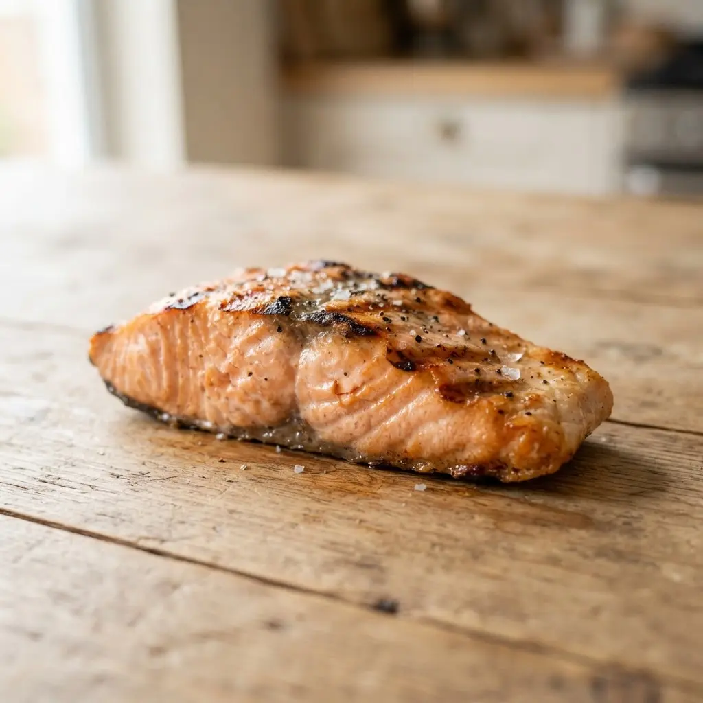 Grilled salmon on a plain wooden surface.