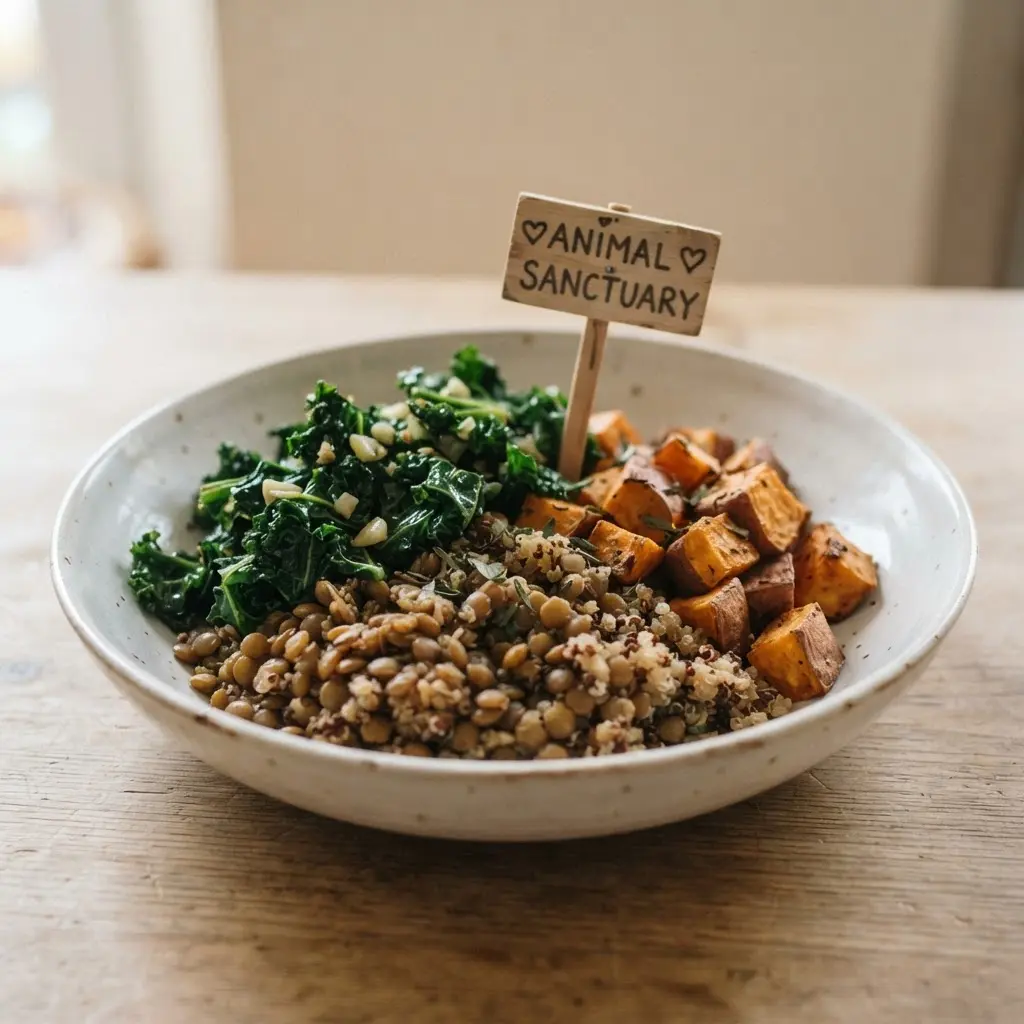 A colorful plate of beans, greens, and grains beside an animal sanctuary sign, showing reasons why people go vegan.