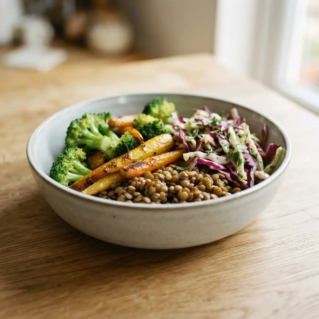 A lentil bowl, seasonal vegetables, and a green field beside a solar farm sign illustrate reasons why people go vegan.