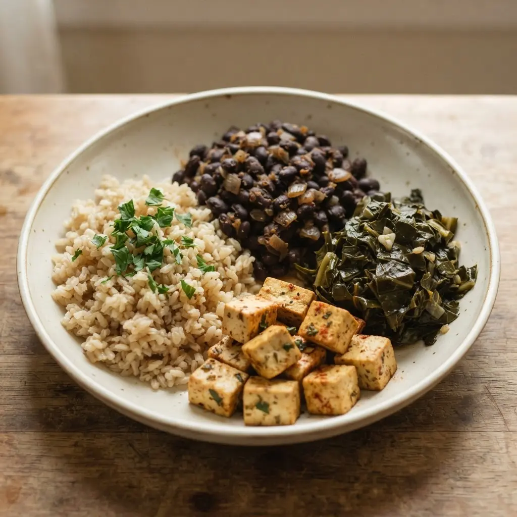 A clinician reviews a colorful plant-based plate with beans, tofu, leafy greens, and whole grains on a white table.