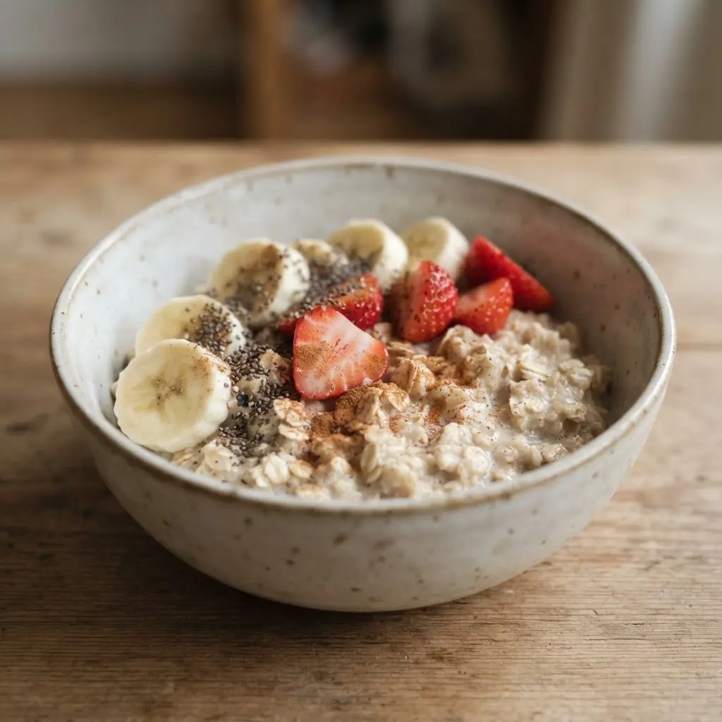 A person prepares a breakfast bowl with oats, berries, seeds, and sliced banana beside a glass of water.