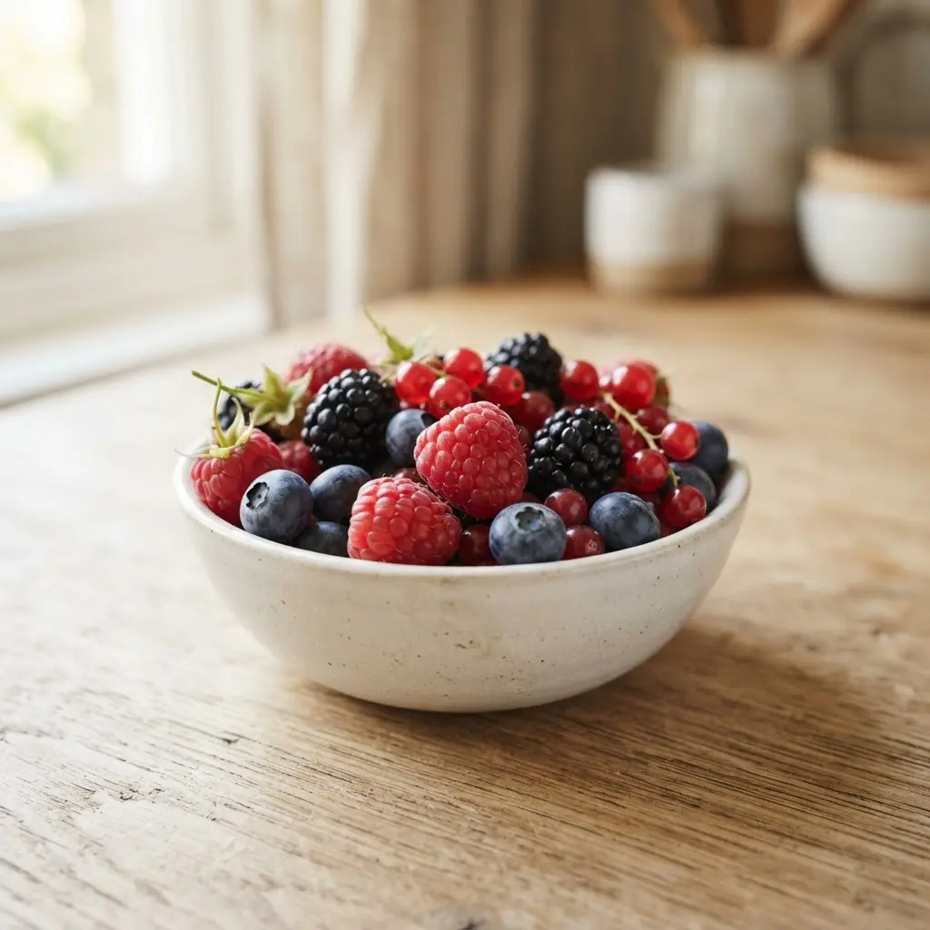Berries on a plain wooden surface.